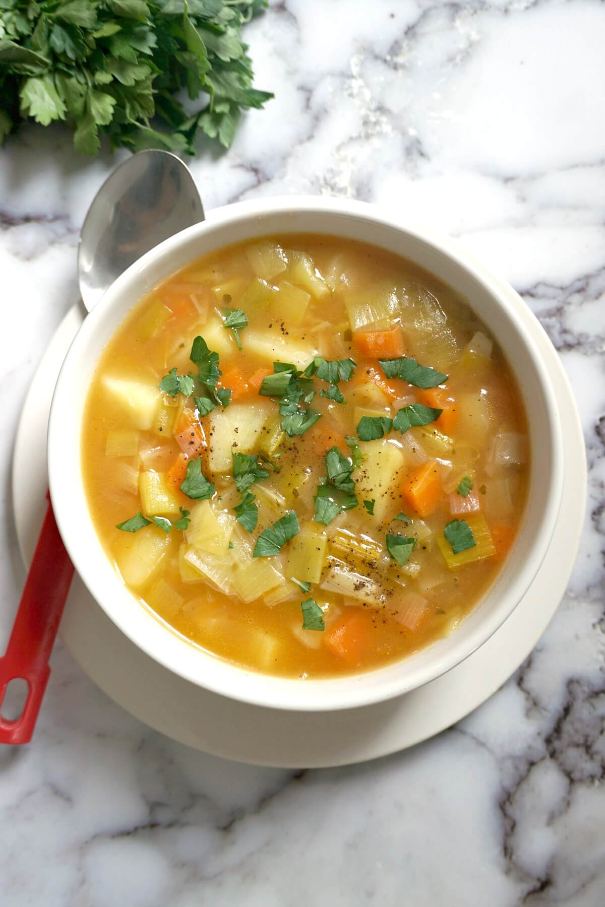 Overhead shoot of a white bowl of chunky leek and potato soup.