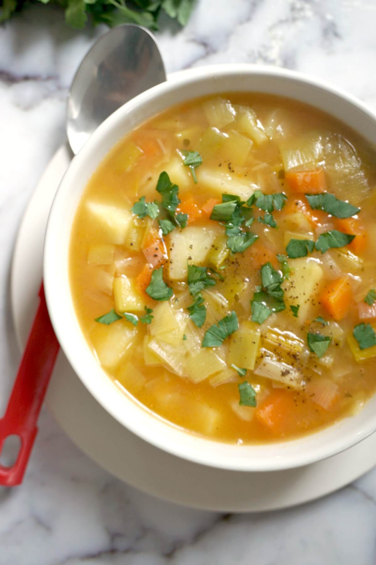 Close-up shoot of a white bowl with chunky leek and potato soup.