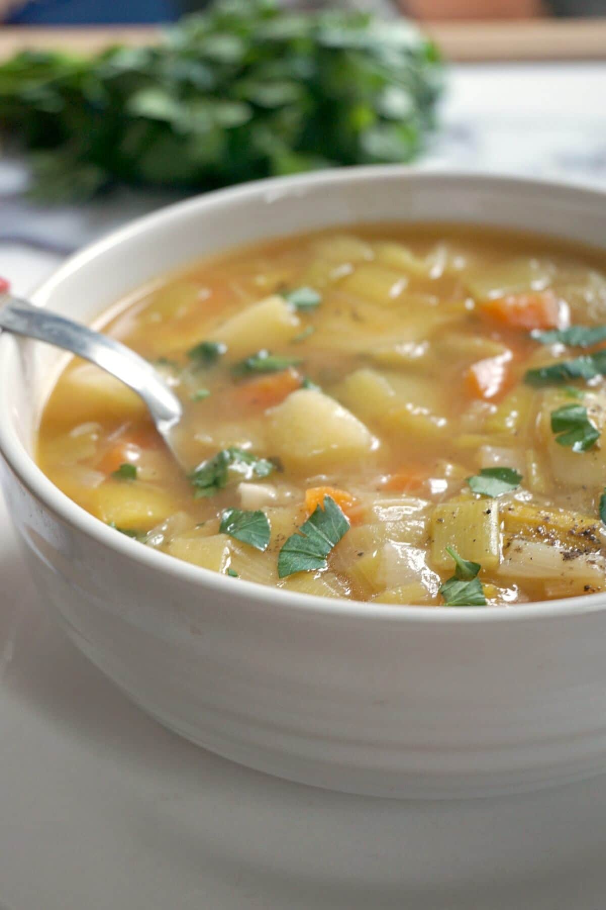 A white bowl of leek and potato soup with a spoon in.