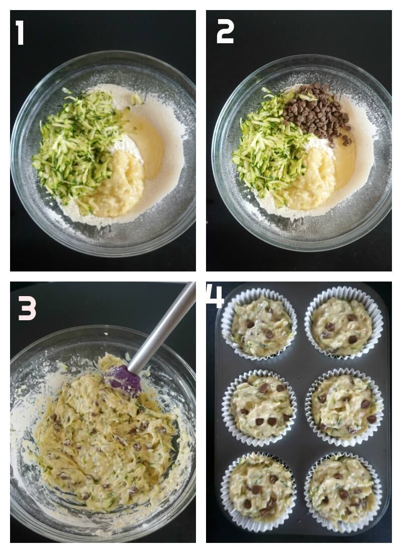 Collage of 4 photos to show how to make zucchini and chocolate chip muffins.