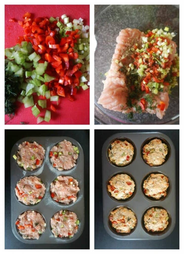Collage of 4 photos to show how to make turkey meatloaf muffins