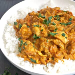 A white bowl with chicken curry over a bed of rice