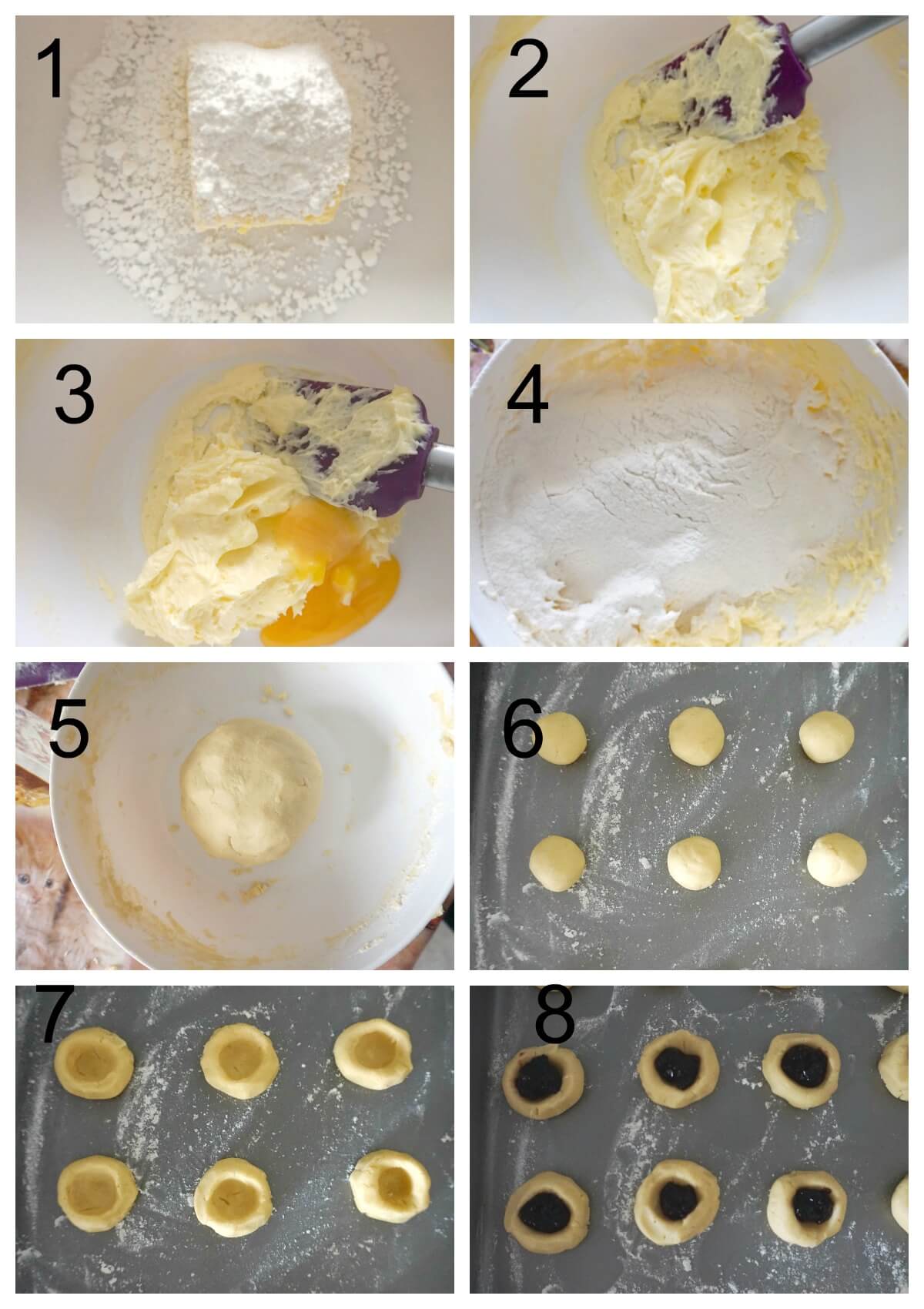 Collage of 8 photos to show how to make thumbprint cookies.