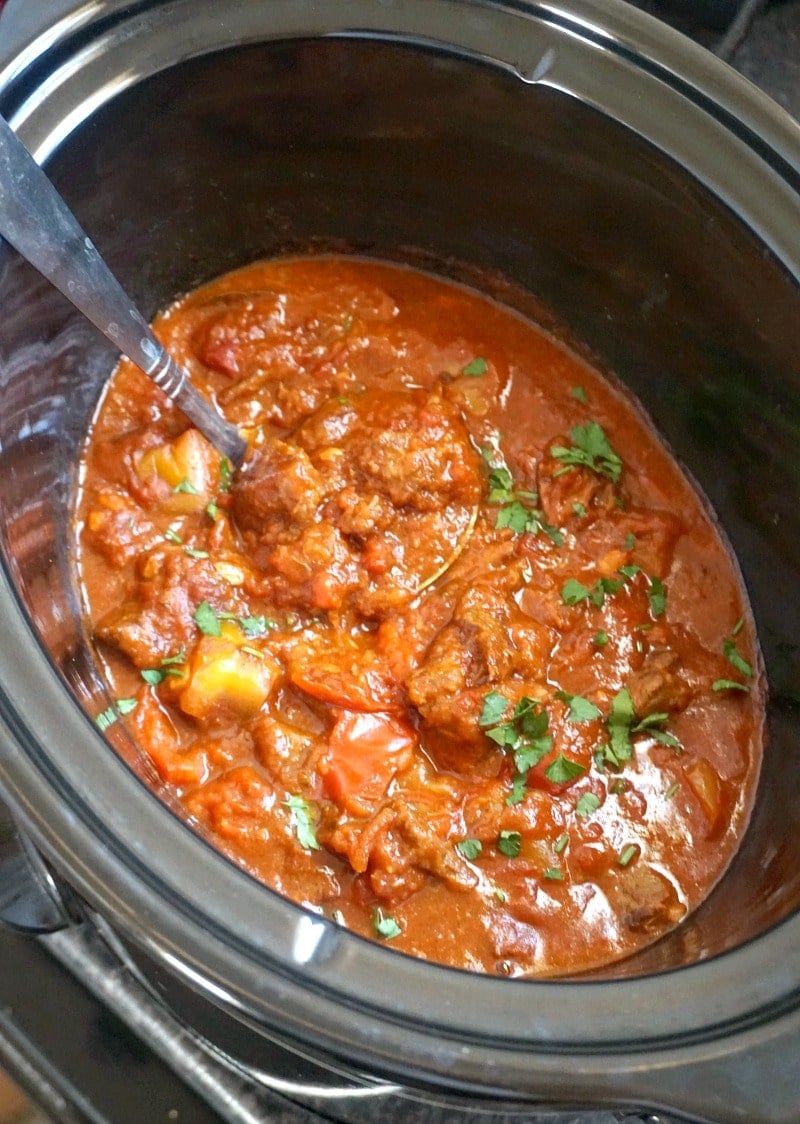 A crock pot with hungarian beef goulash