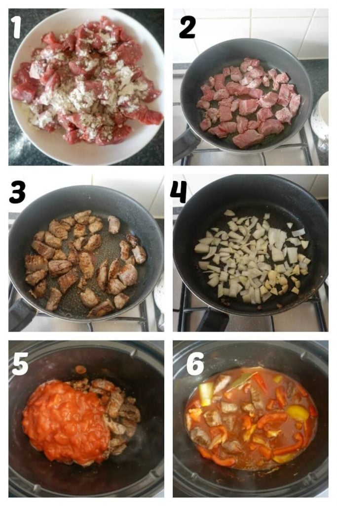 Collage of 6 photos to show how to make hungarian goulash in a slow cooker.