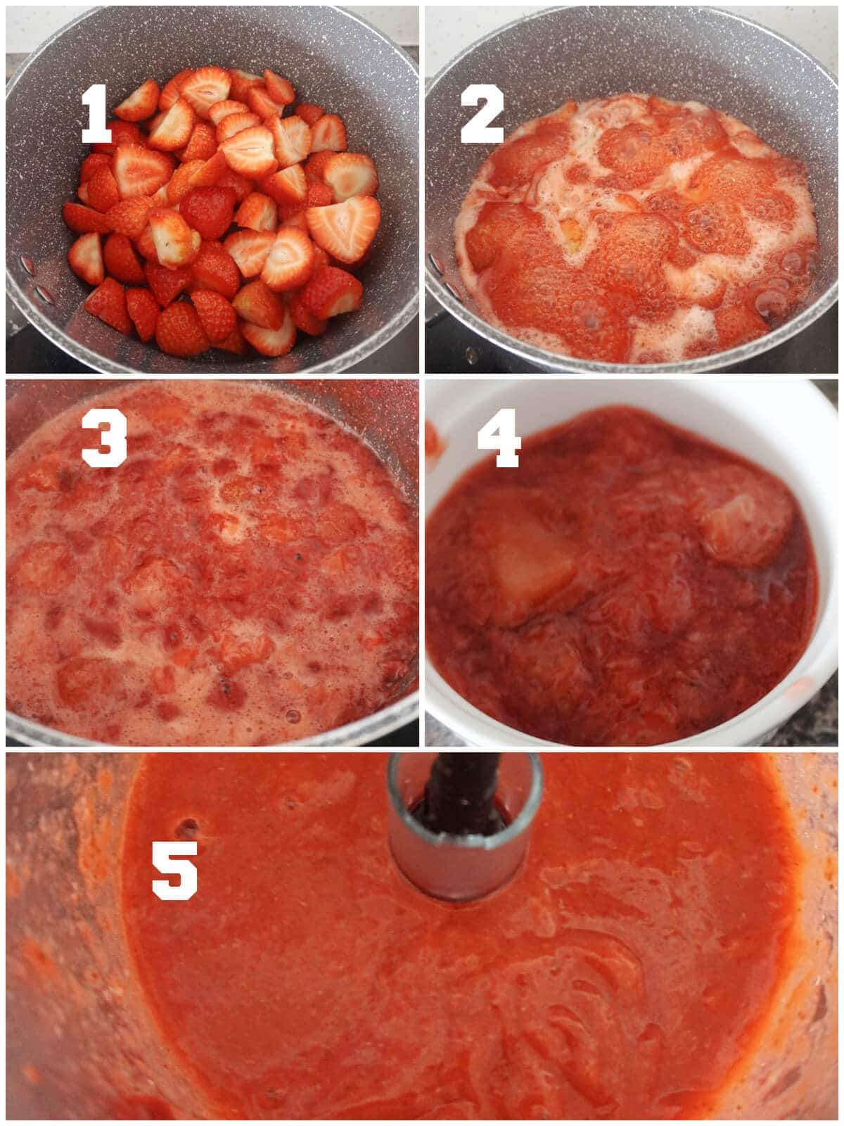 Collage of 5 photos to show how to make strawberry puree for ice cream.