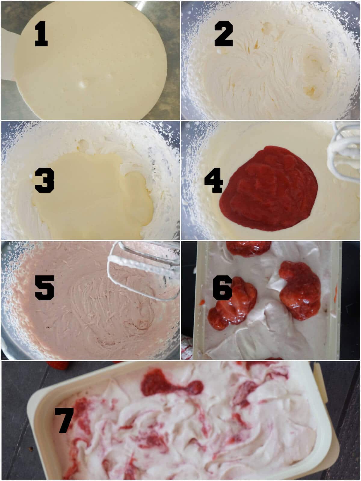 Collage of 7 photos to show how to make strawberry ripple ice cream.