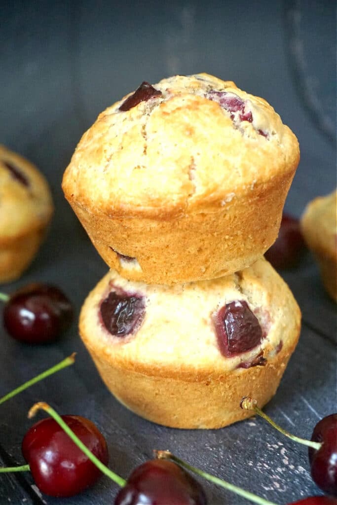 A stack of 2 cherry muffins