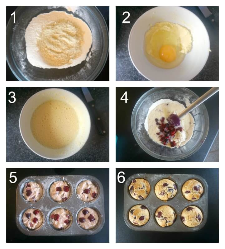 Collage of 6 photos to show how to make almond cherry muffins