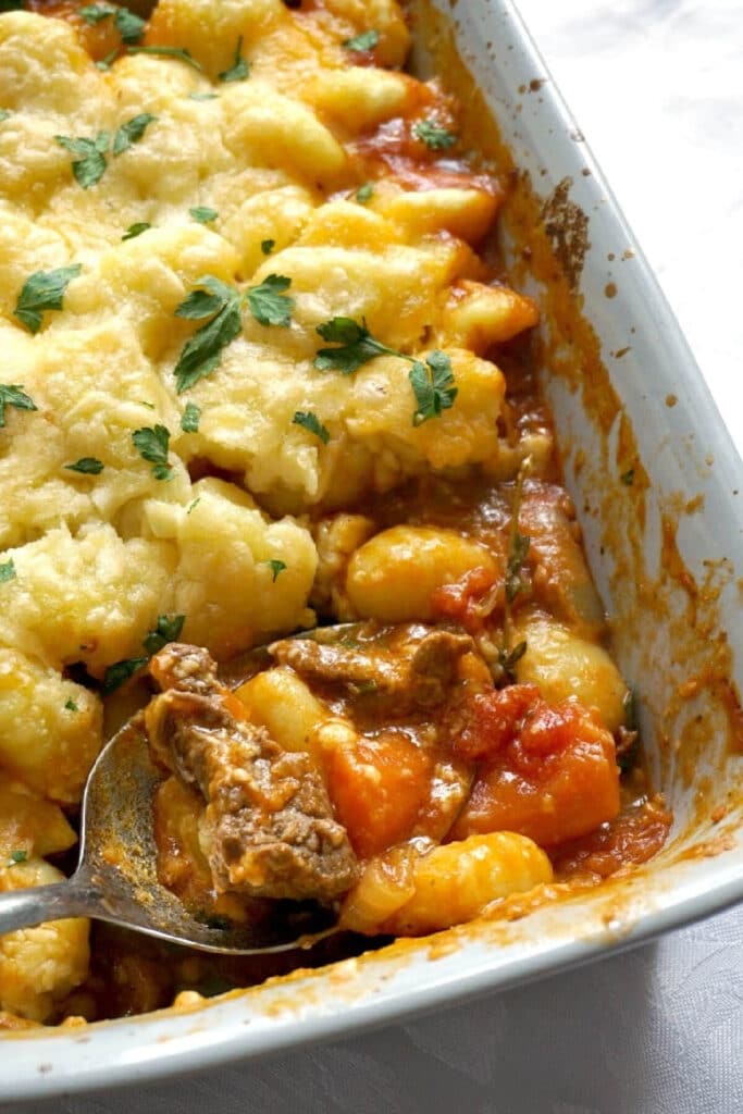 A dish with beef and gnocchi