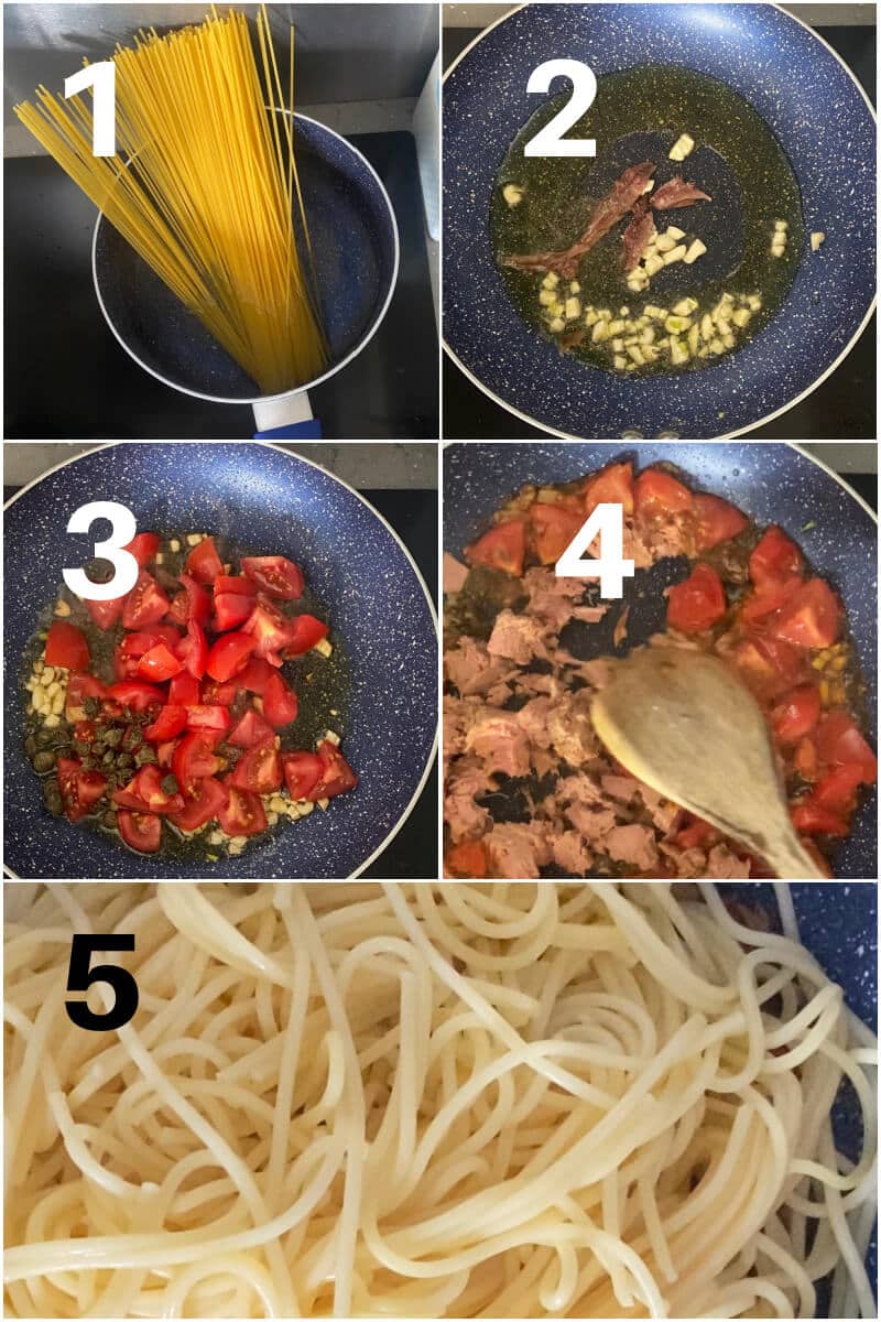 Collage of 5 photos to show how to make spaghetti with canned tuna.