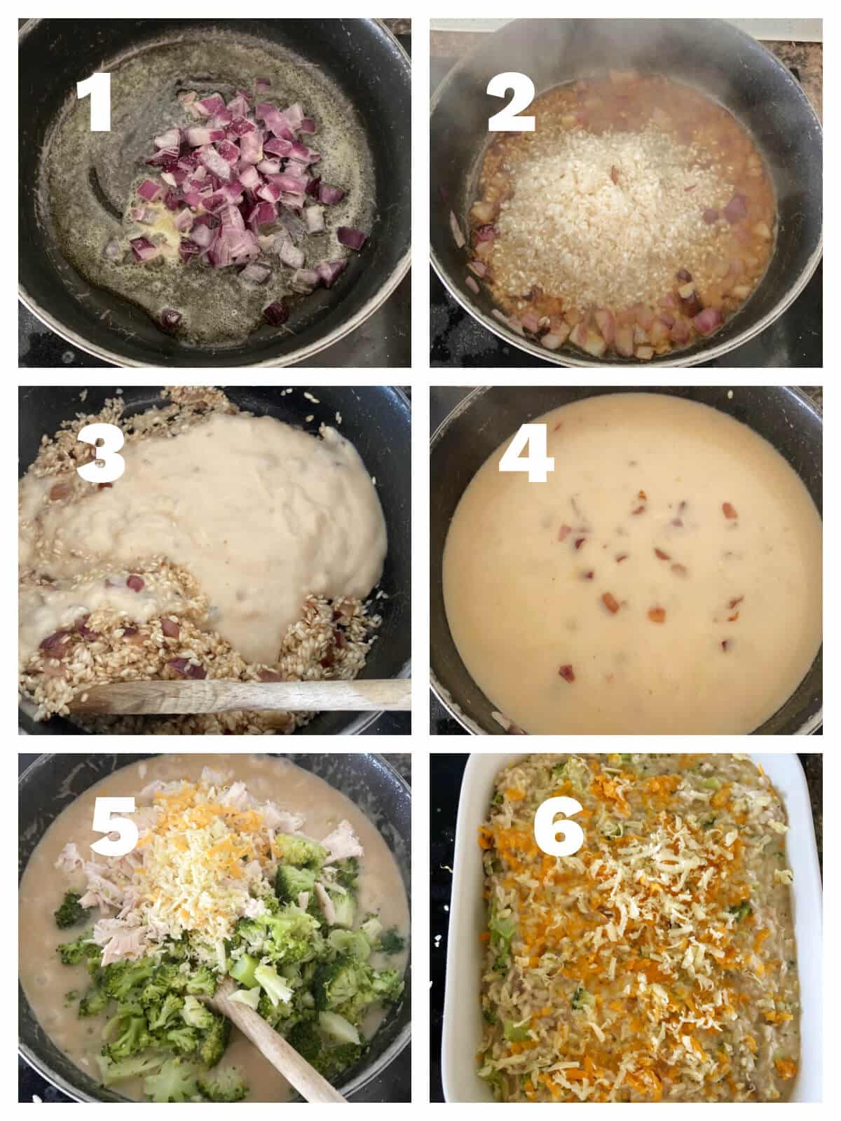 Collage of 6 photos to show how to make rice casserole.