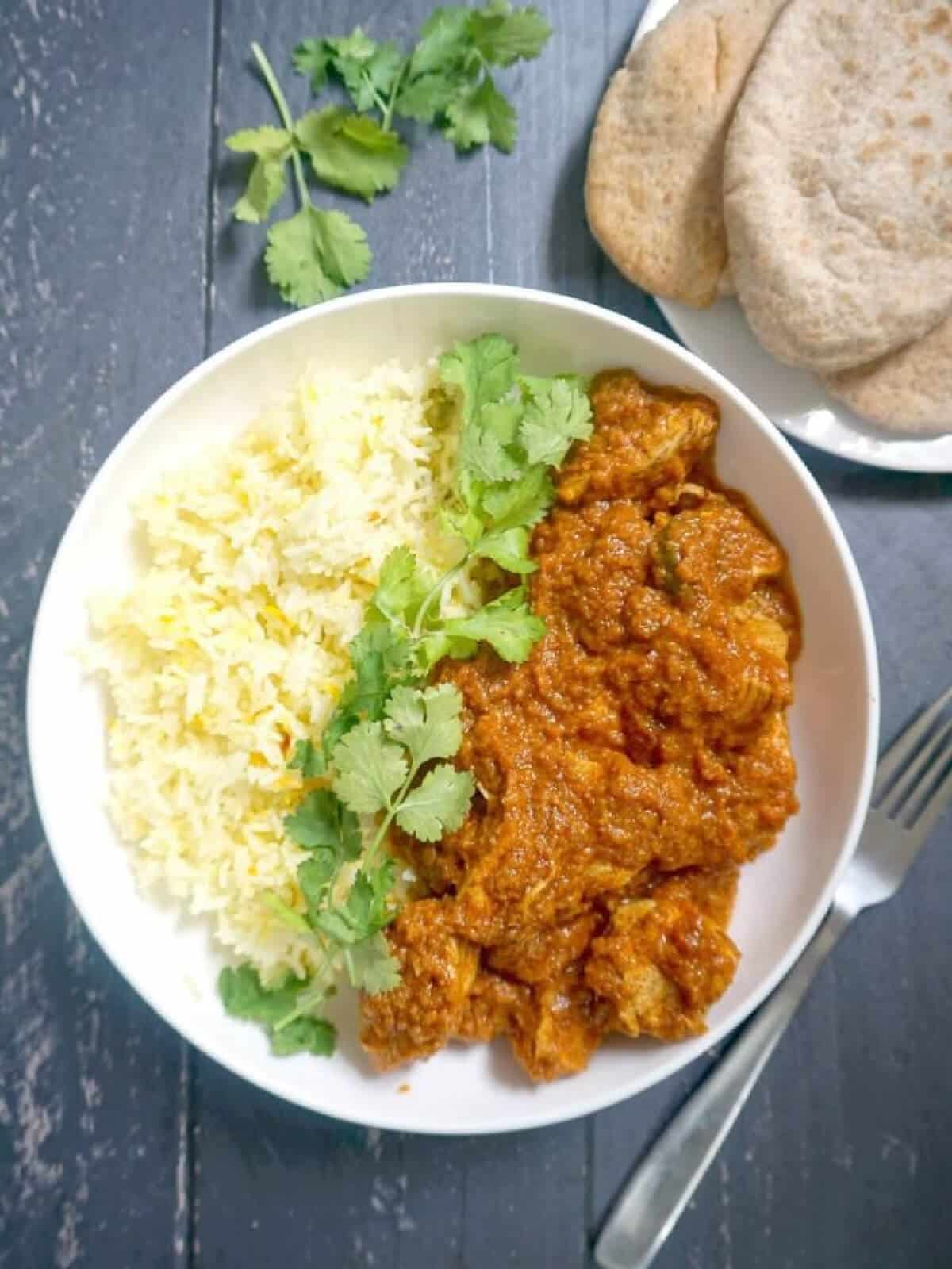 Overhead shoot of a white bowl with rice and chicken curry