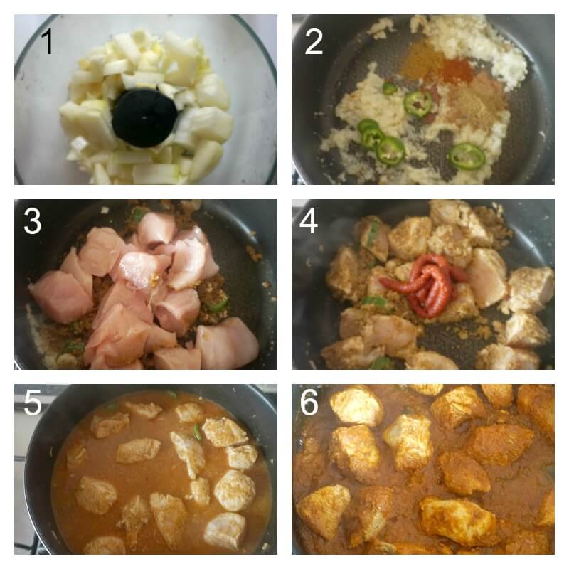 Collage of 6 photos to show how to make chicken rogan josh