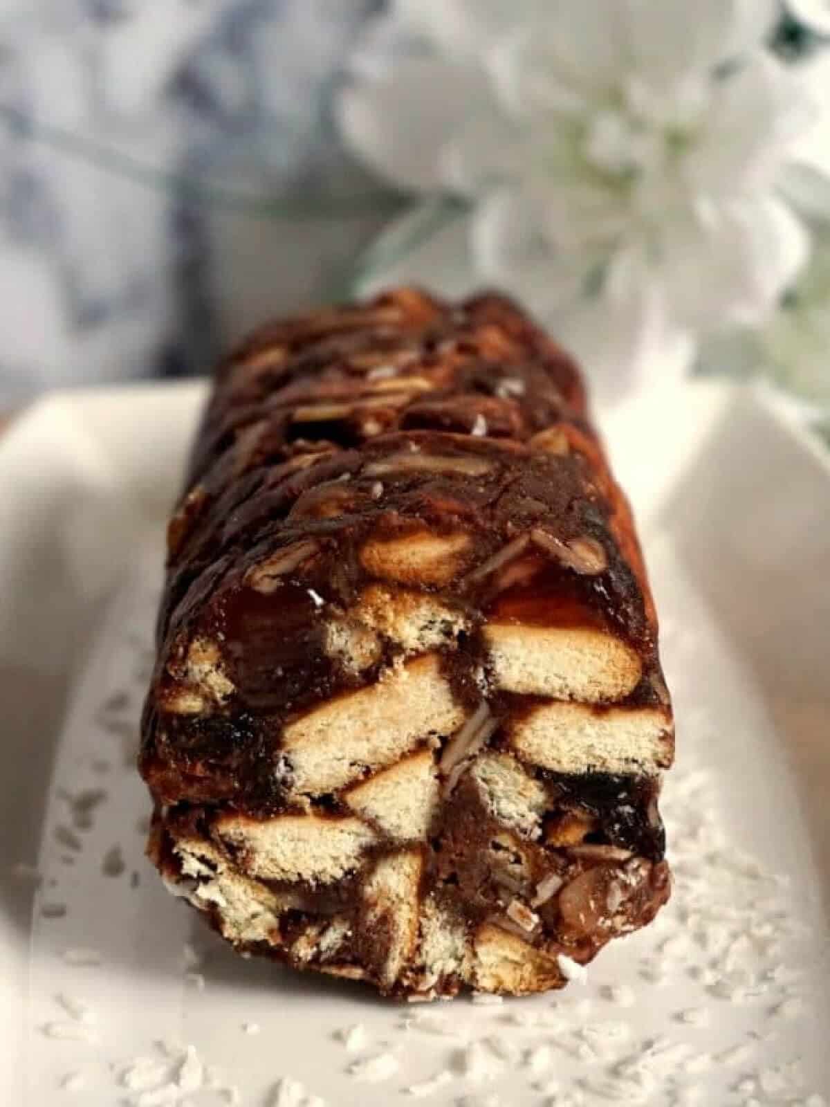 A roll of chocolate salami