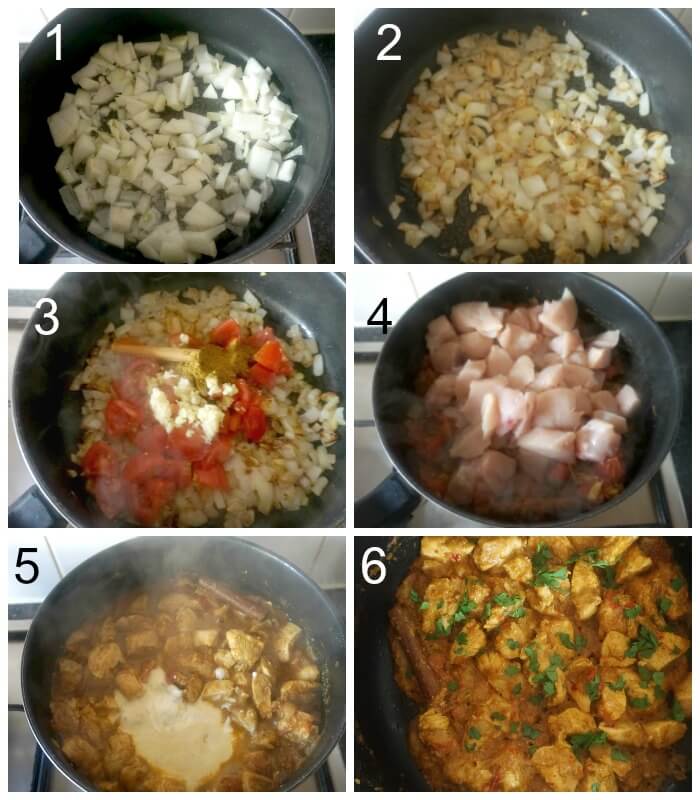 Collage of 6 photos to show how to make chicken balti curry.