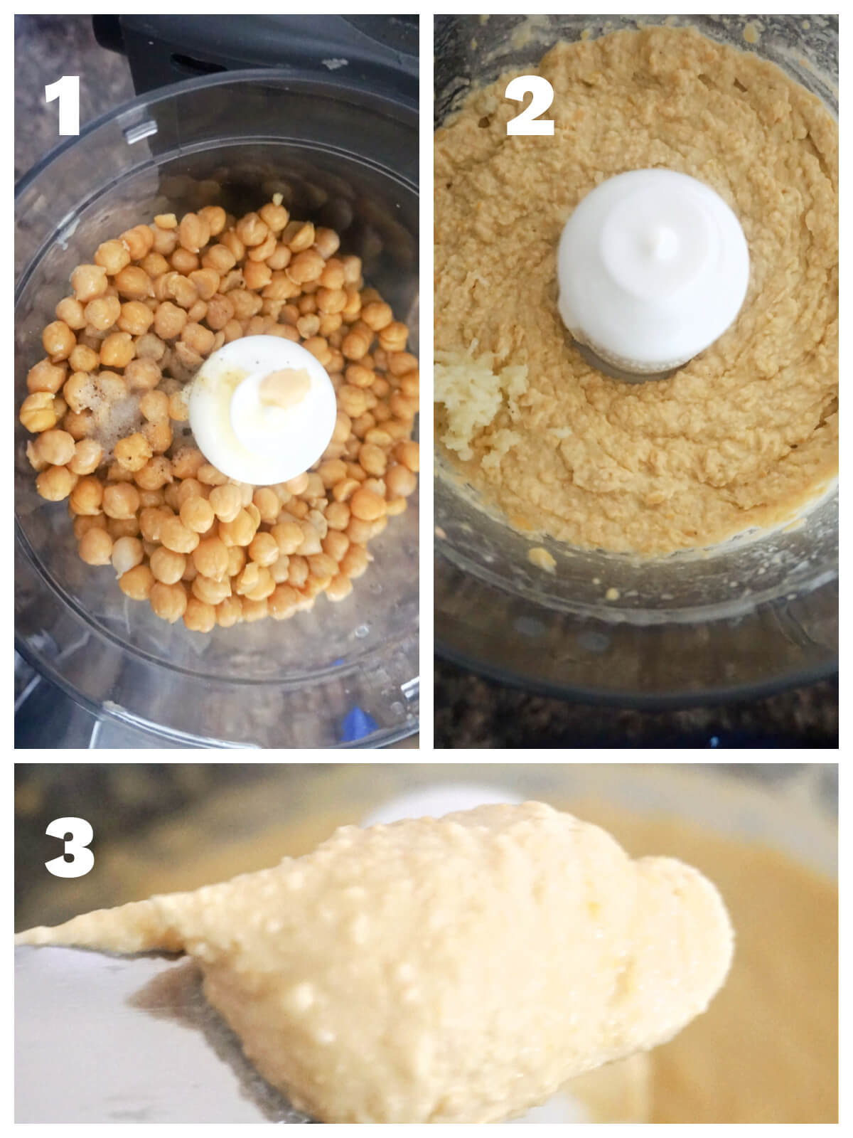 Collage of 3 photos to show how to make hummus.