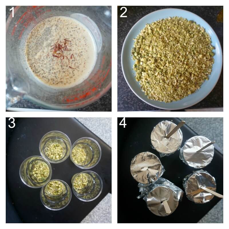 Collage of 4 photos to show how to make kulfi ice cream.