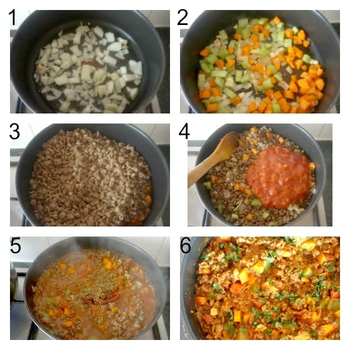 Collage of 6 photos to show how to make quorn bolognese.