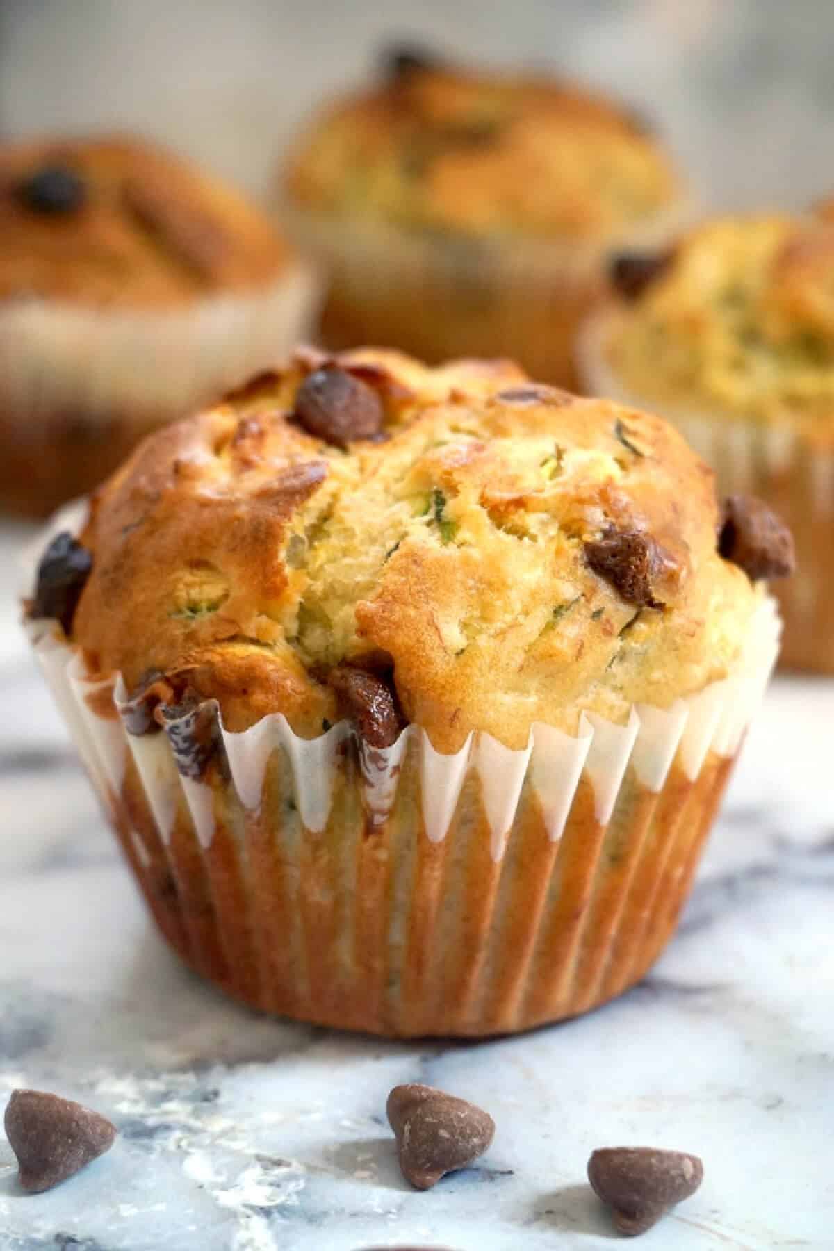 A muffin with chocolate chips.