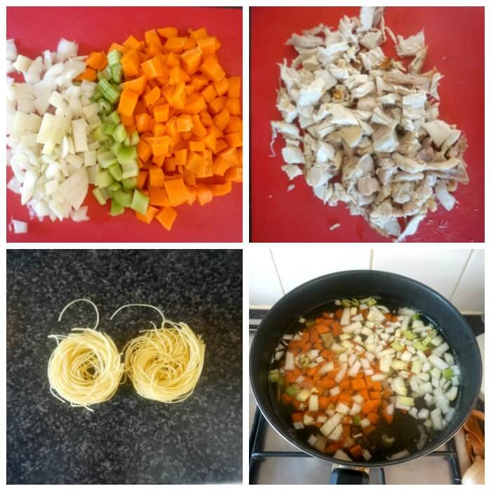 Collage of 4 photos to show the ingredients needed for the leftover chicken and noodle soup.