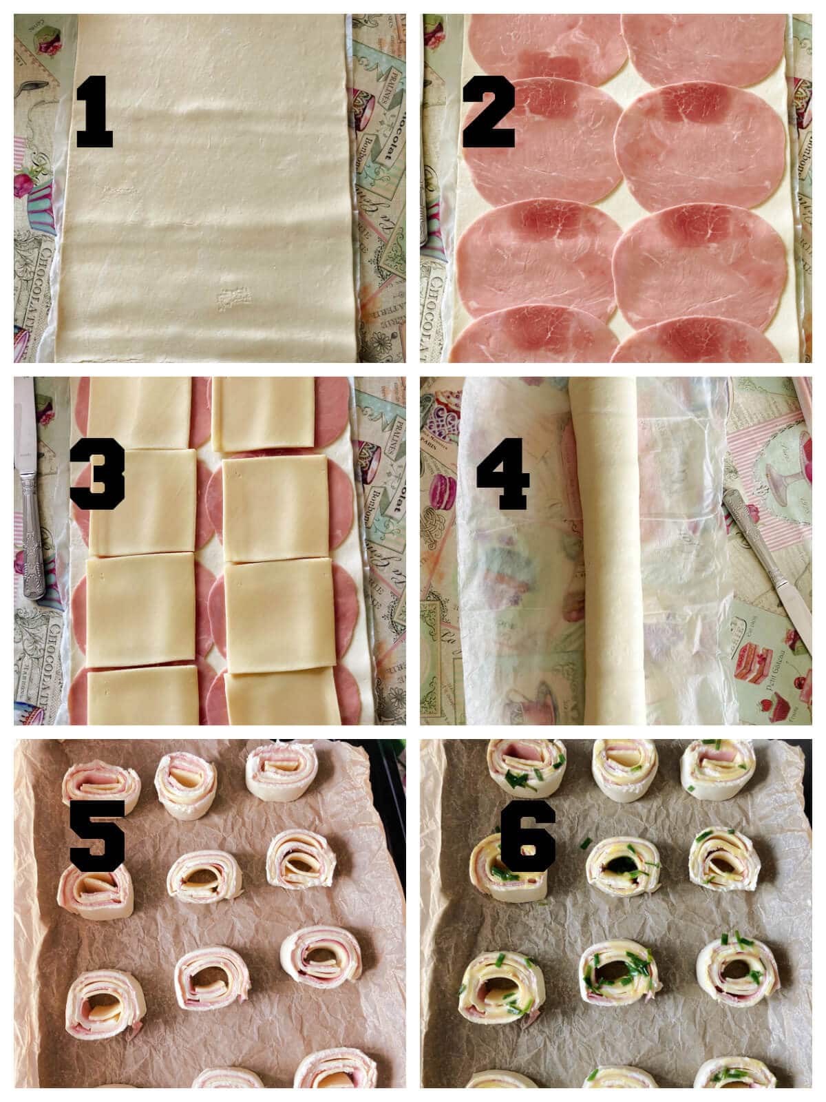 Collage of 6 photos to show how to make ham and cheese pinwheels.