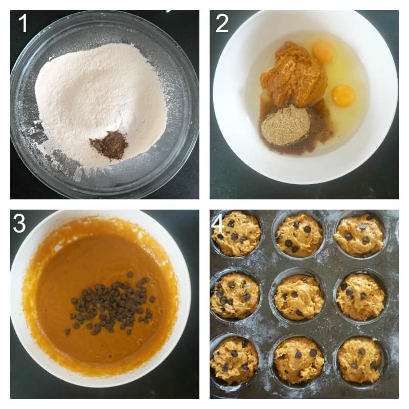 Collage of 4photos to show how to make pumpkin and chocolate chip muffins.