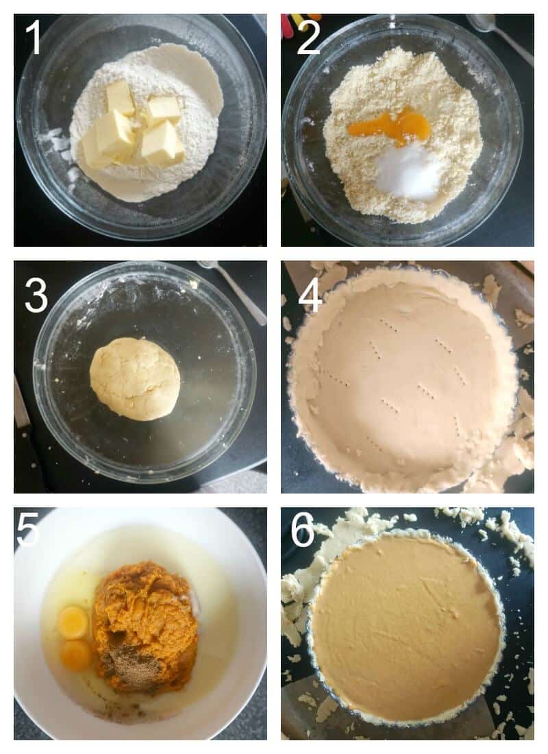Collage of 6 photos to show how to make pupmpkin pie with condensed milk from scratch