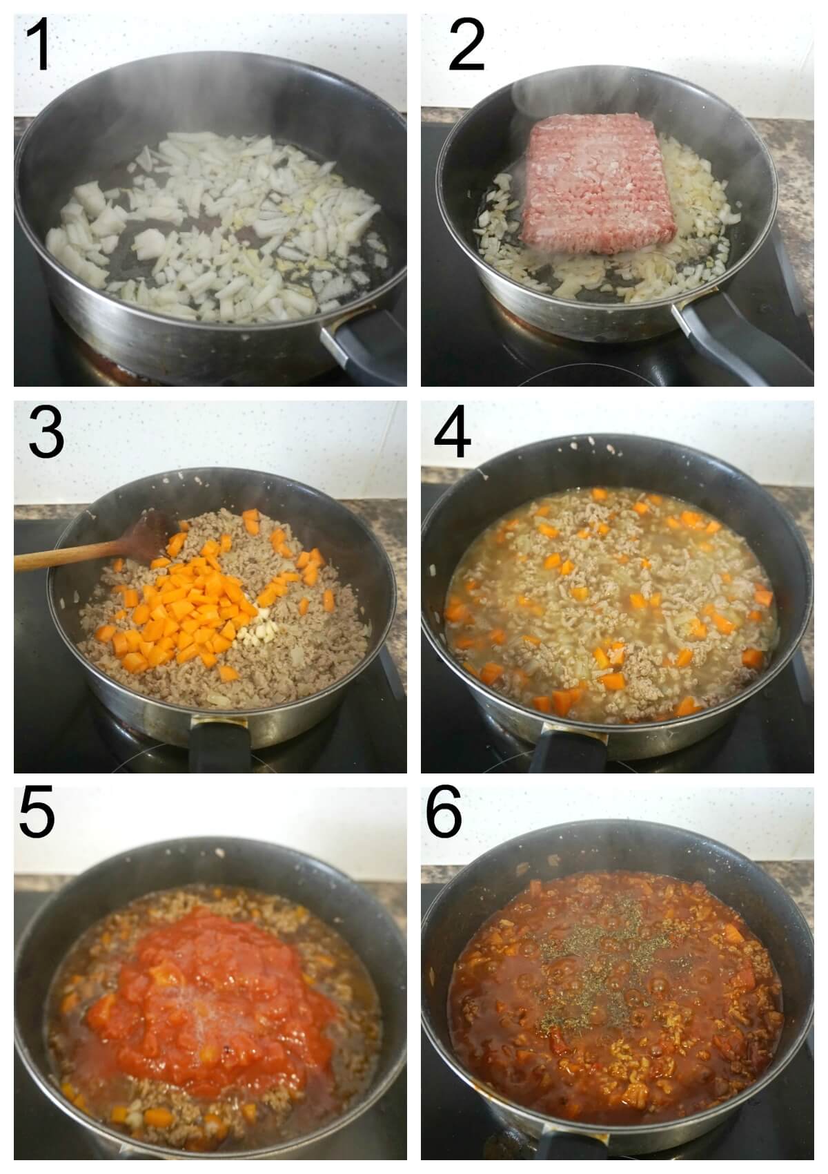 Collage of 6 photos to show how to make the filling for the turkey lasagna