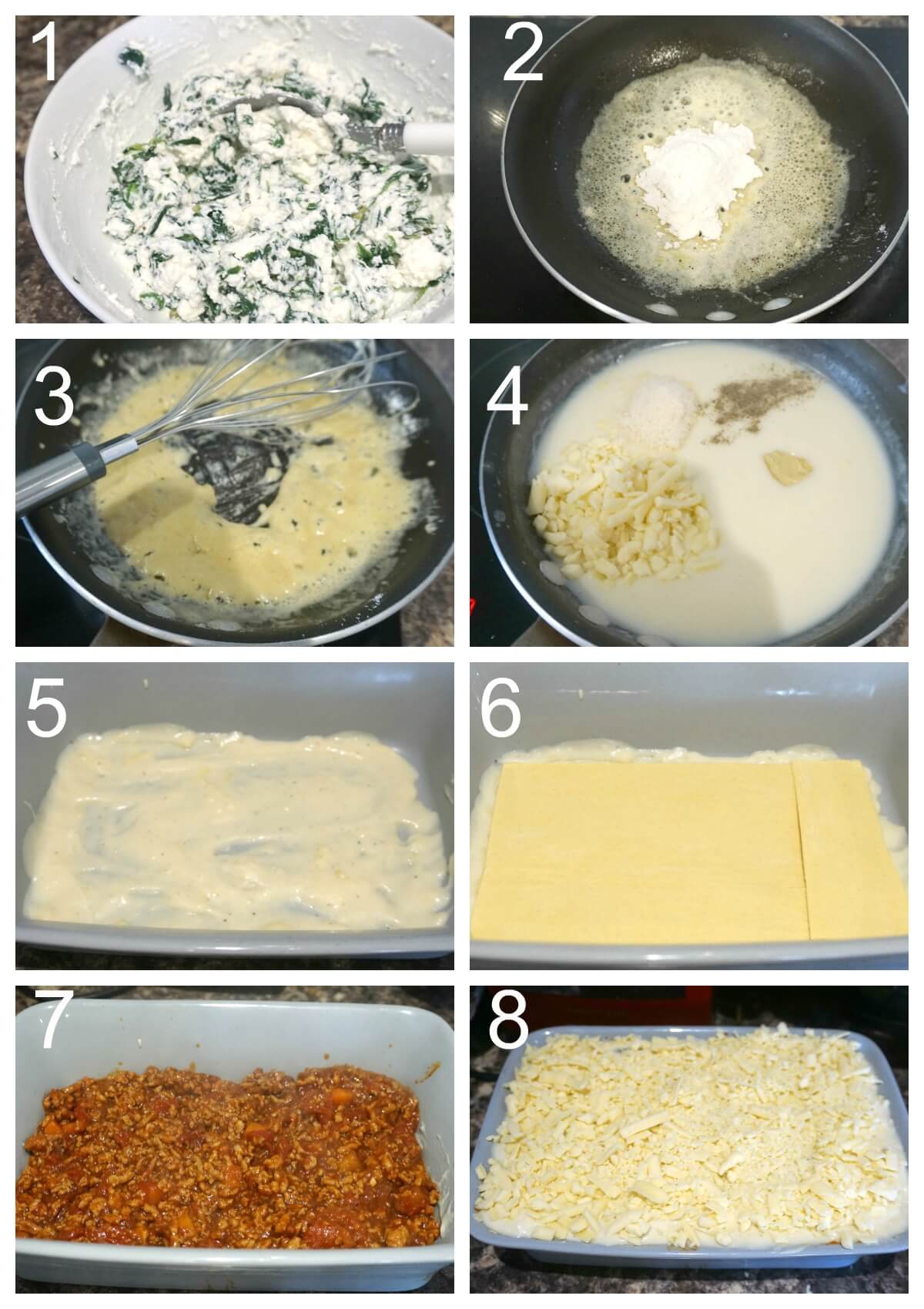 Collage of 8 photos to show how to assemble the lasagna.
