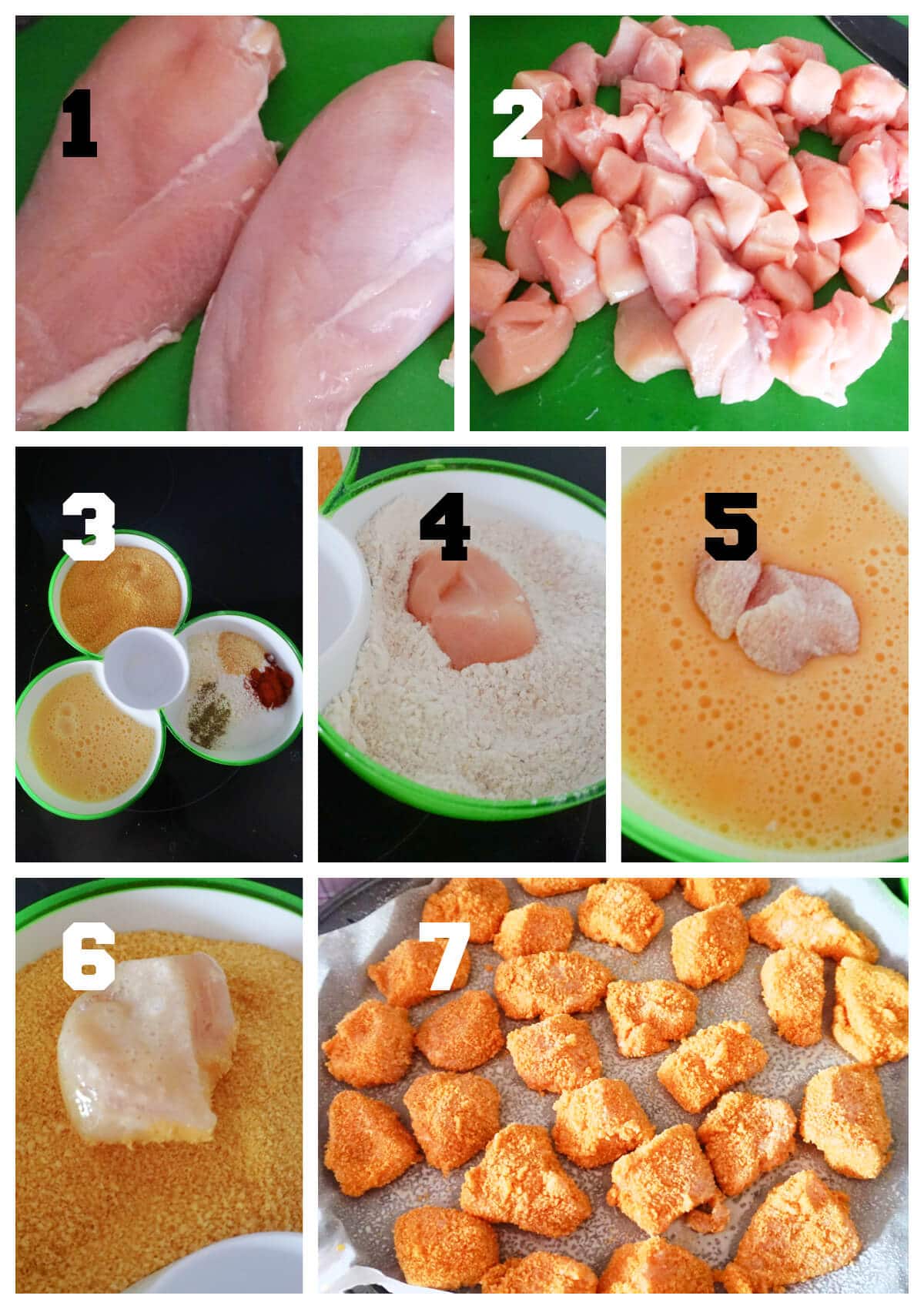 Collage of 7 photos to show how to make chicken nuggets in the oven.