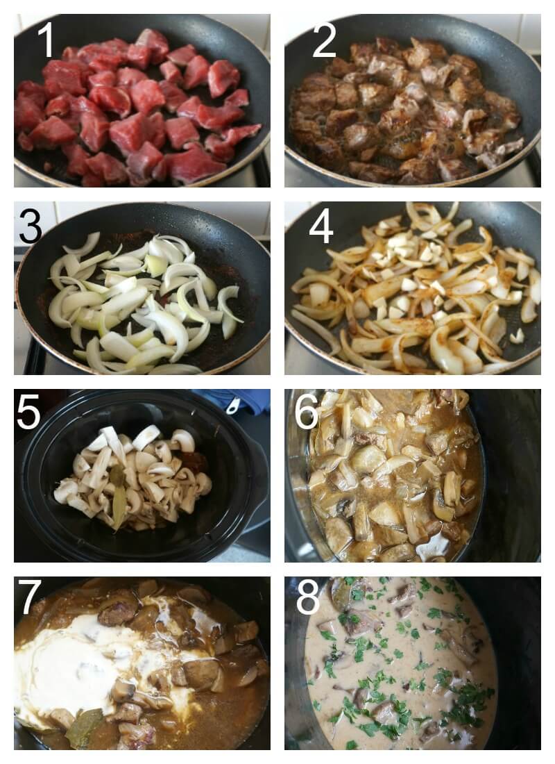 Collage of 8 photos to show how to make beef stroganoff in the slow cooker.