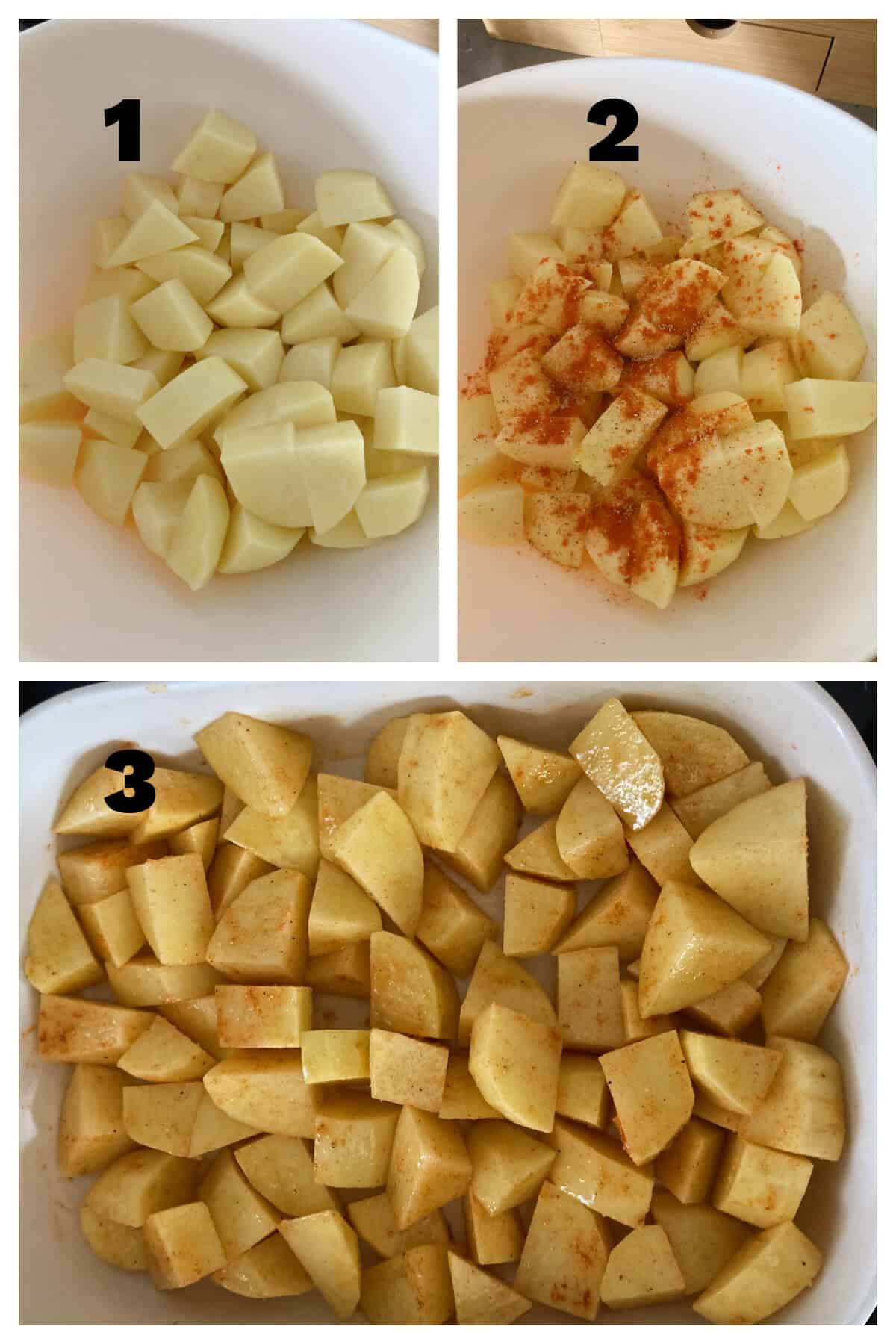 Collage of 3 photos to show how to prepare the potatoes for the casserole.