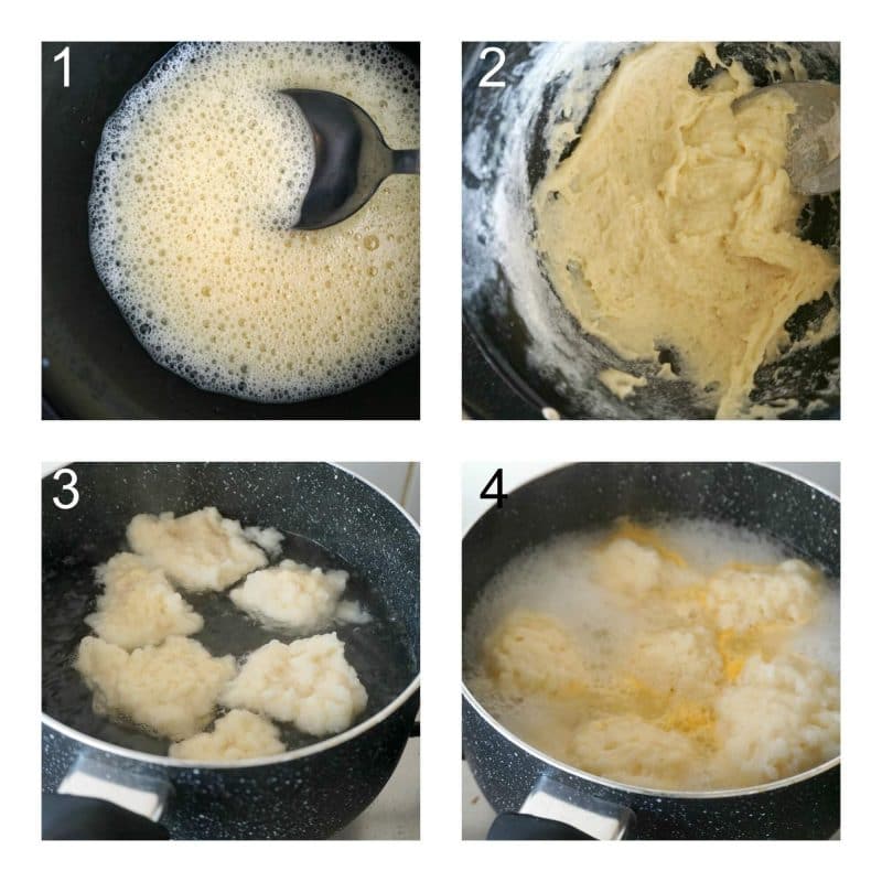 Collage of 4 photos to show how to make flour dumplings for chicken paprikash.