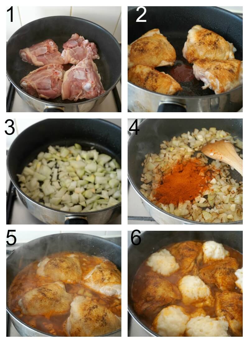 Collage of 6 photos to show how to make chicken paprikash.