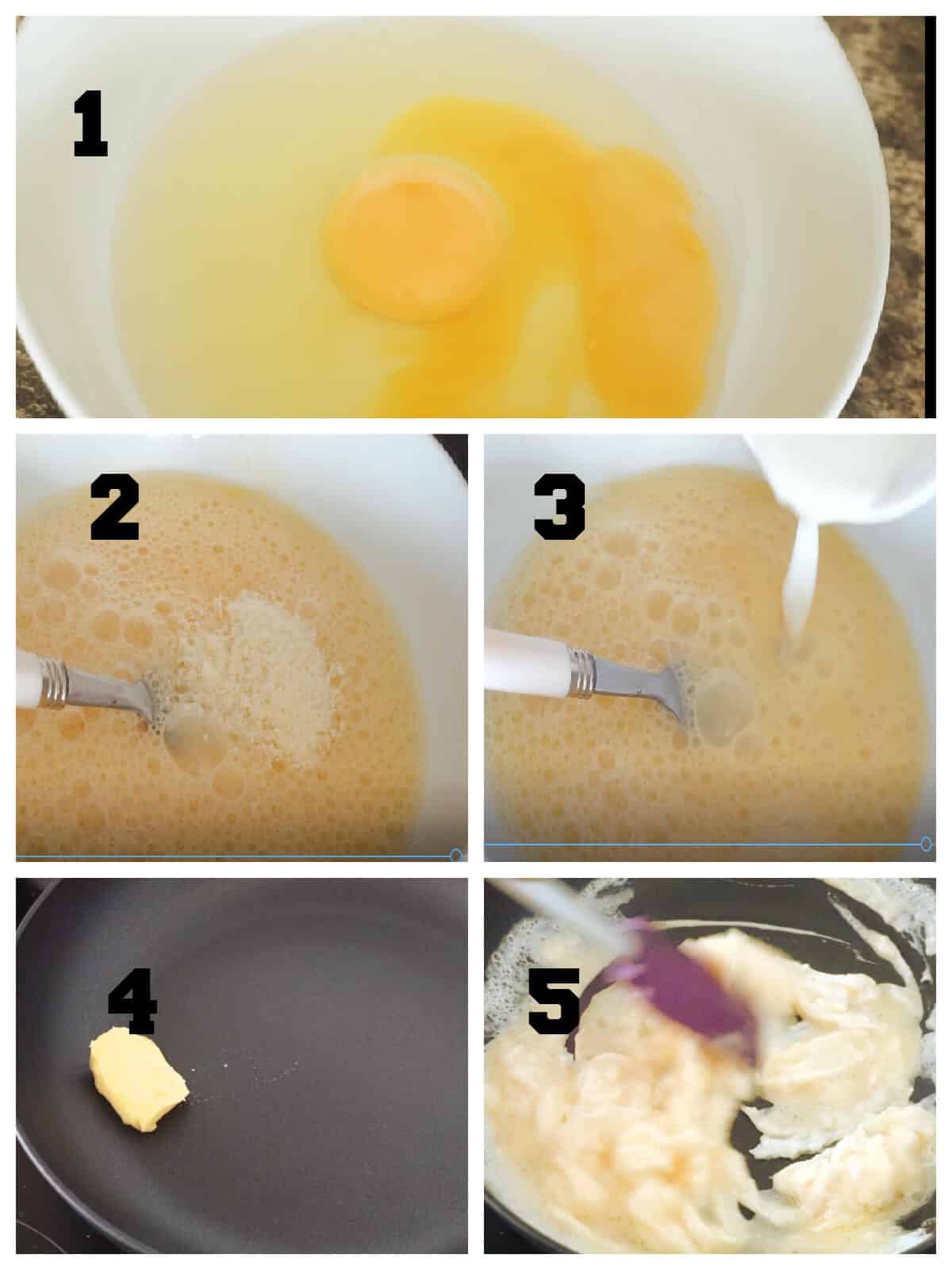 Collage of 5 pictures to show how to make scrambled eggs.