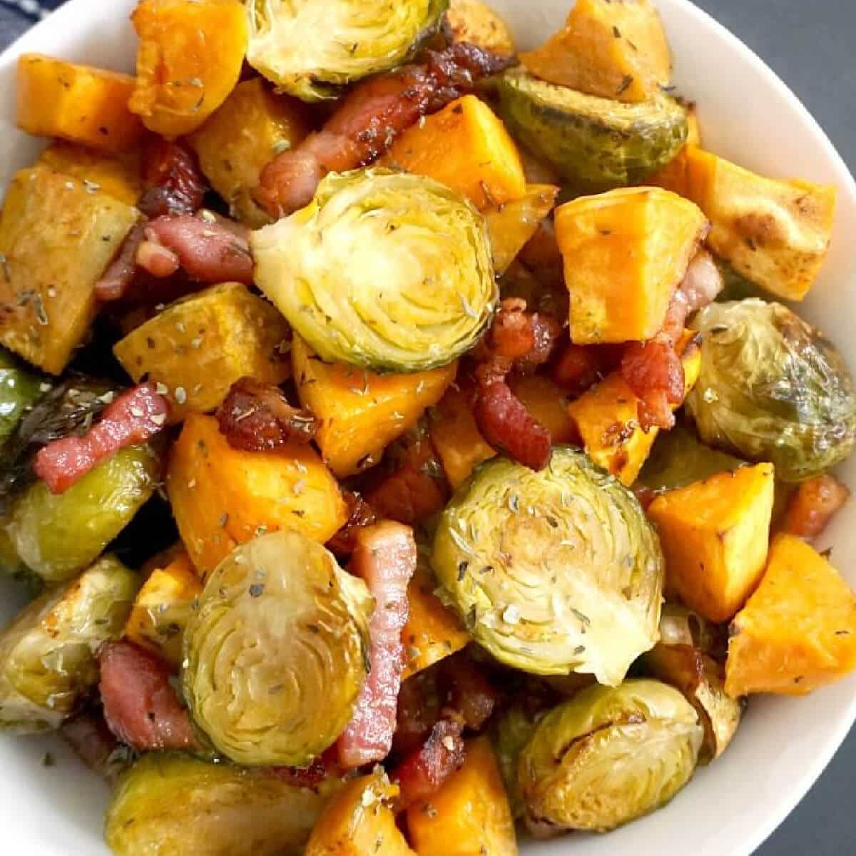 Maple Roasted Brussel Sprouts with Bacon and Sweet Potatoes My