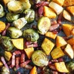 Maple Roasted Brussel Sprouts with Bacon and Sweet Potatoes, a delicious and healthy side dish for your Thanksgiving or Christmas dinner. Super easy to make, and super flavourful, this dish has a festive touch. Only one tray needed, to save you time and effort. The best family-favourite side.
