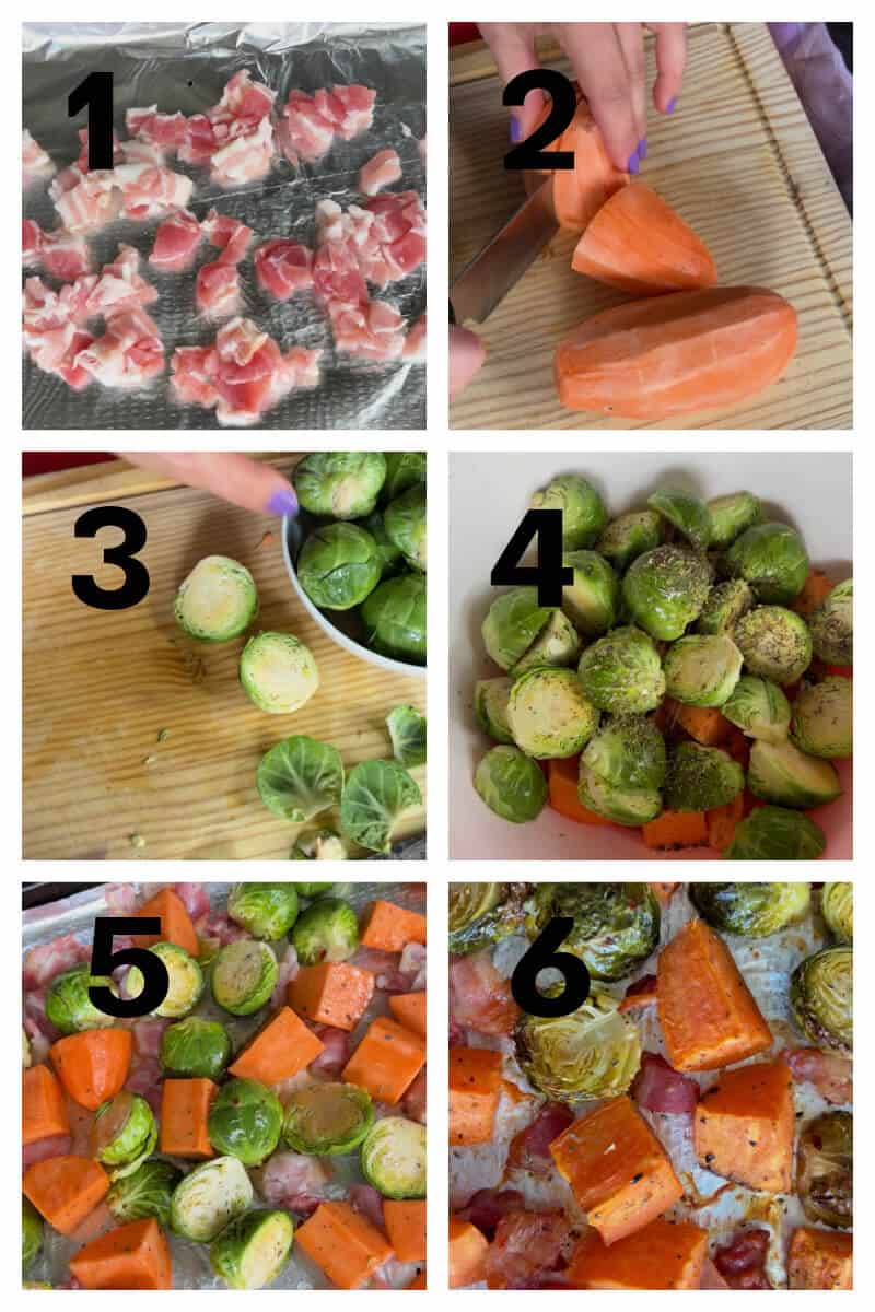 Collage of 6 photos to show how to make roasted brussels sprouts, sweet potatoes and bacon.