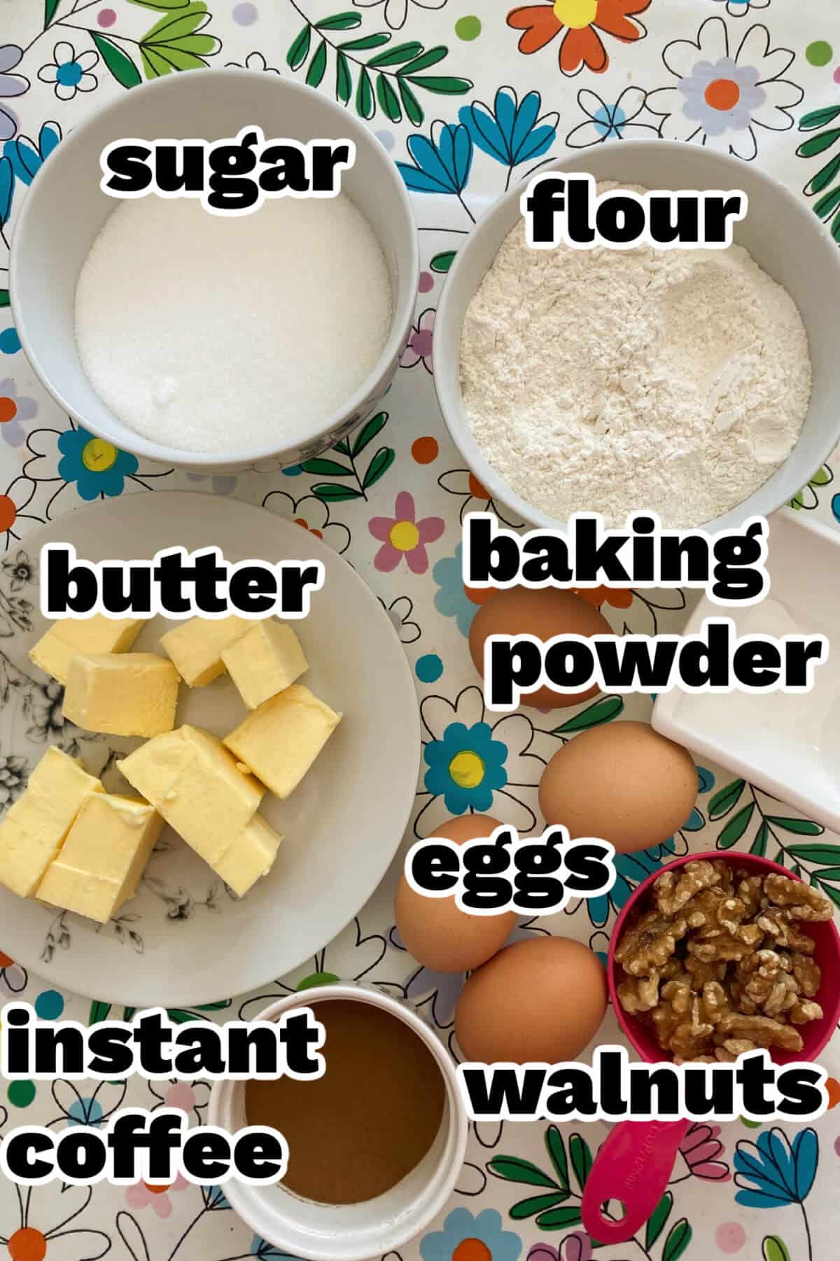 Ingredients needed to make coffee and walnut cake