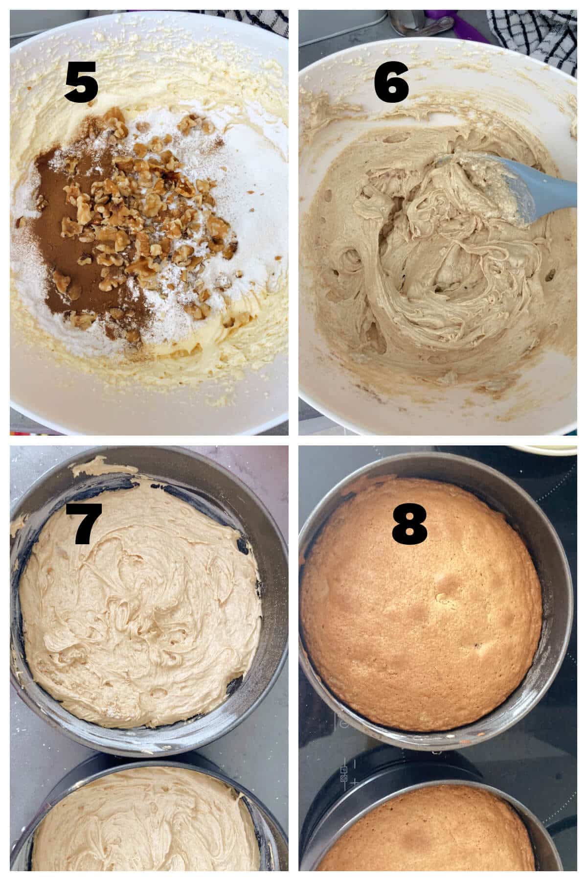 Collage of 4 photos to show how to make coffee and walnut sponge.