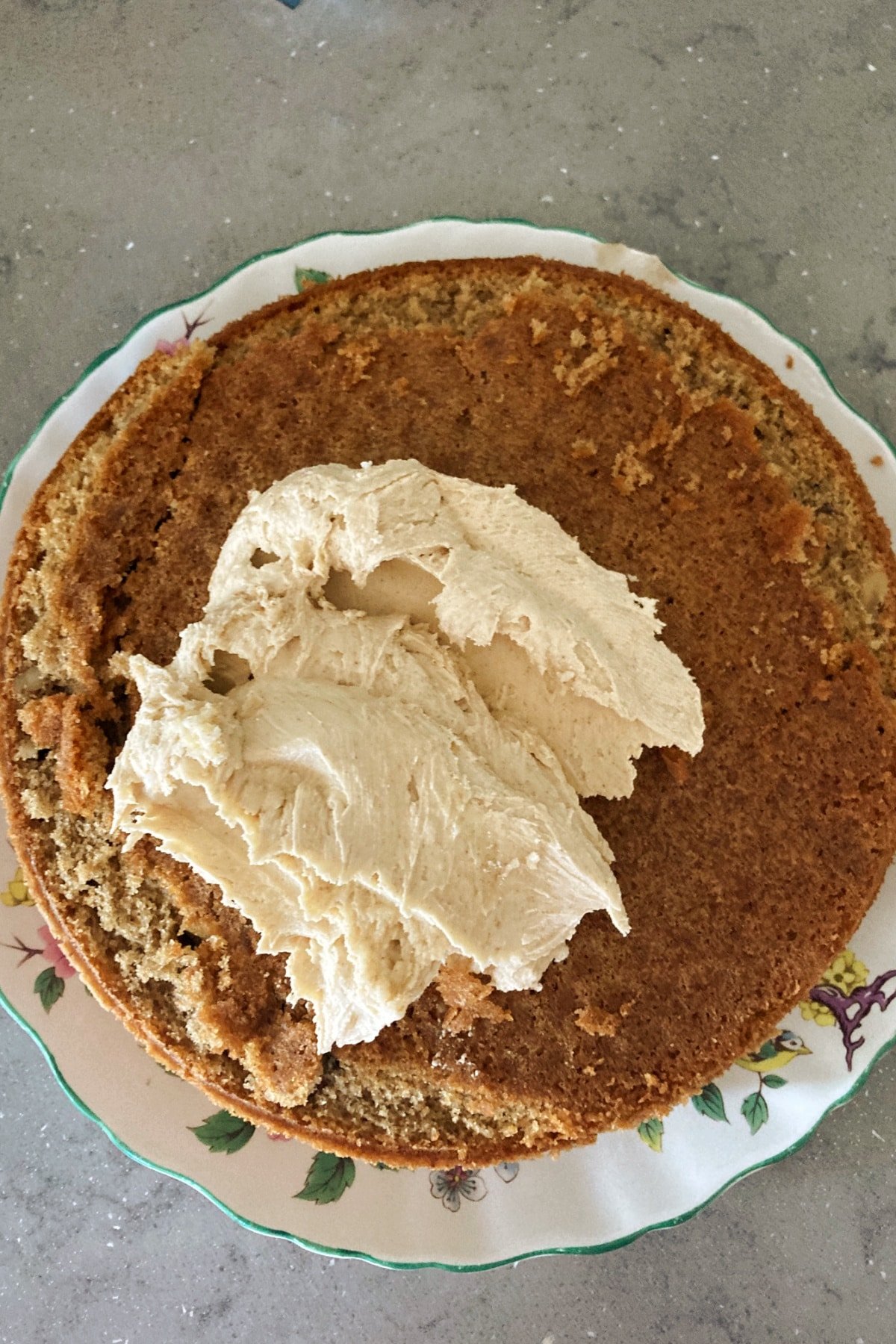 A coffee sponge with buttercream icing on top.