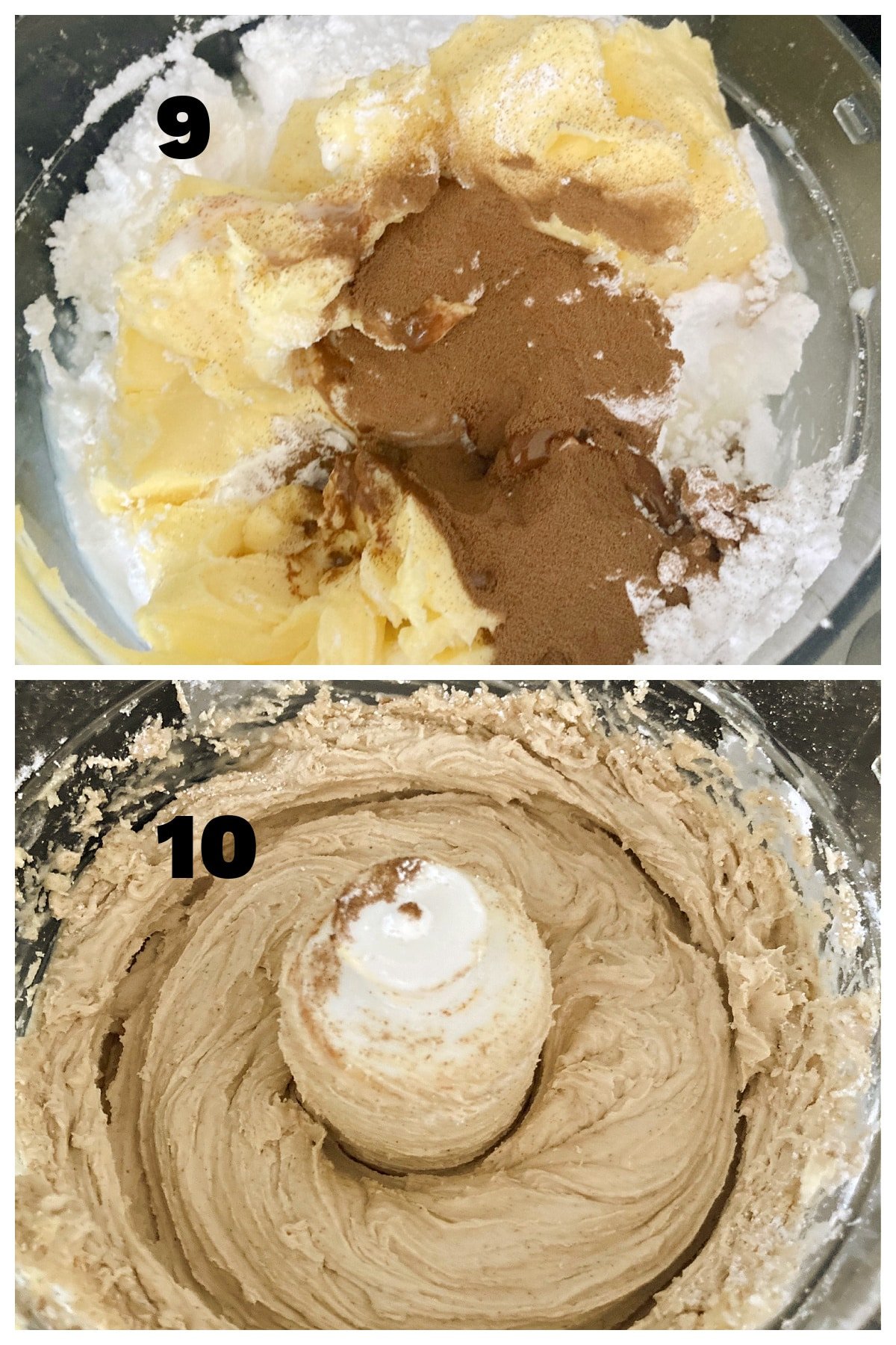 Collage of 2 photos to show how to make coffee buttercream.