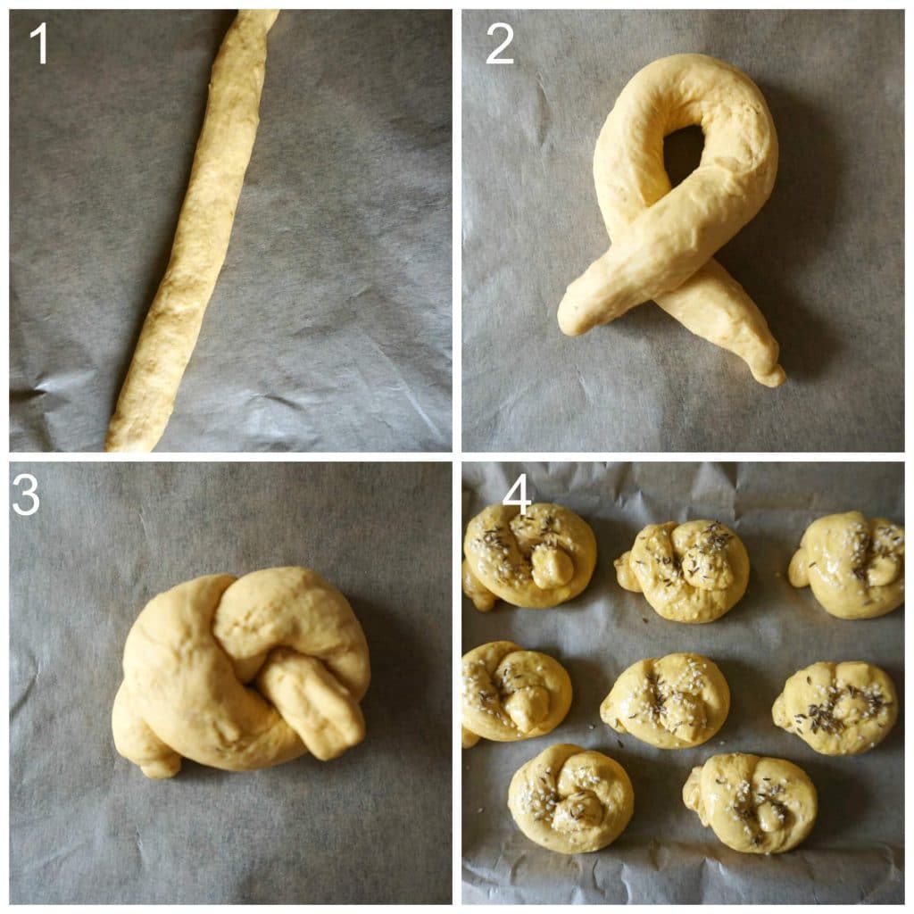 Collage of 4 photos to show how to knot the dough for pumpkin dinner rolls