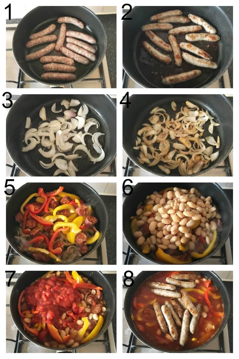 Collage of 8 photos to show how to make sausage casserole with butter beans.