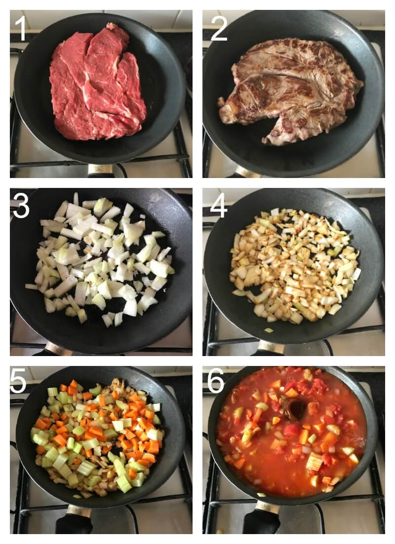 Collage of 8 photos to show how to make beef ragu in the slow cooker.