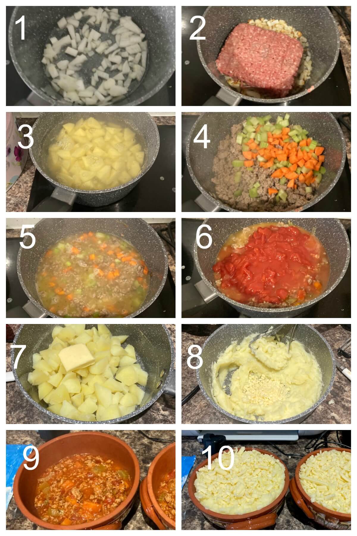 Collage of 10 photos to show how to make turkey cottage pie.