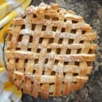 Overhead shot of an apple pie with lattice crust
