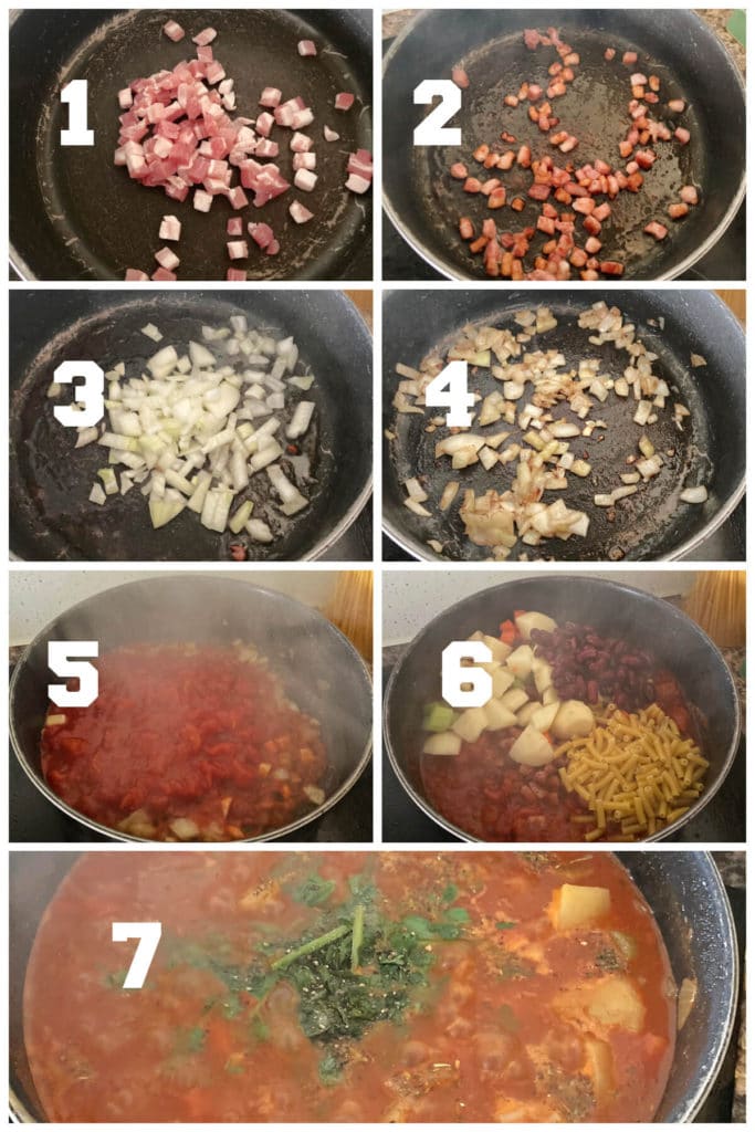 Collage of 7 photos to show how to make minestrone soup with bacon