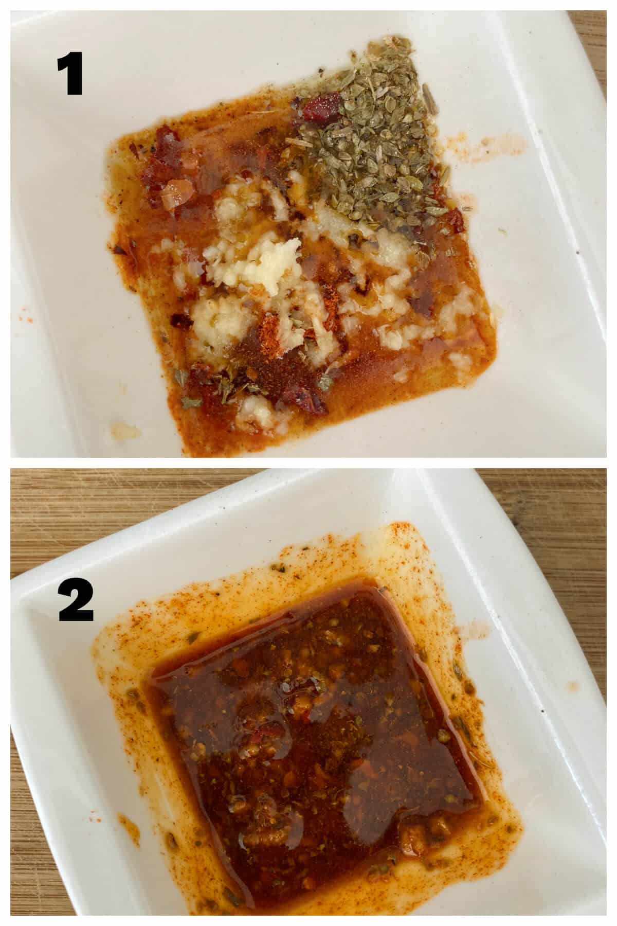 Collage of 2 photos to show how to make peri peri marinade